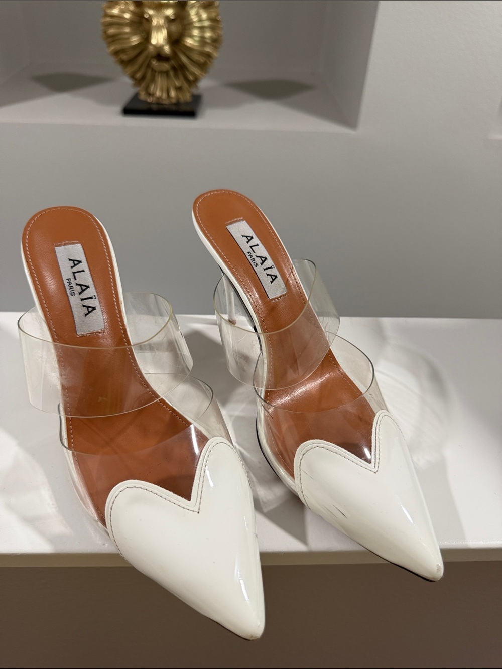 Alaia White Pointed Patent Mule with Clear Straps
